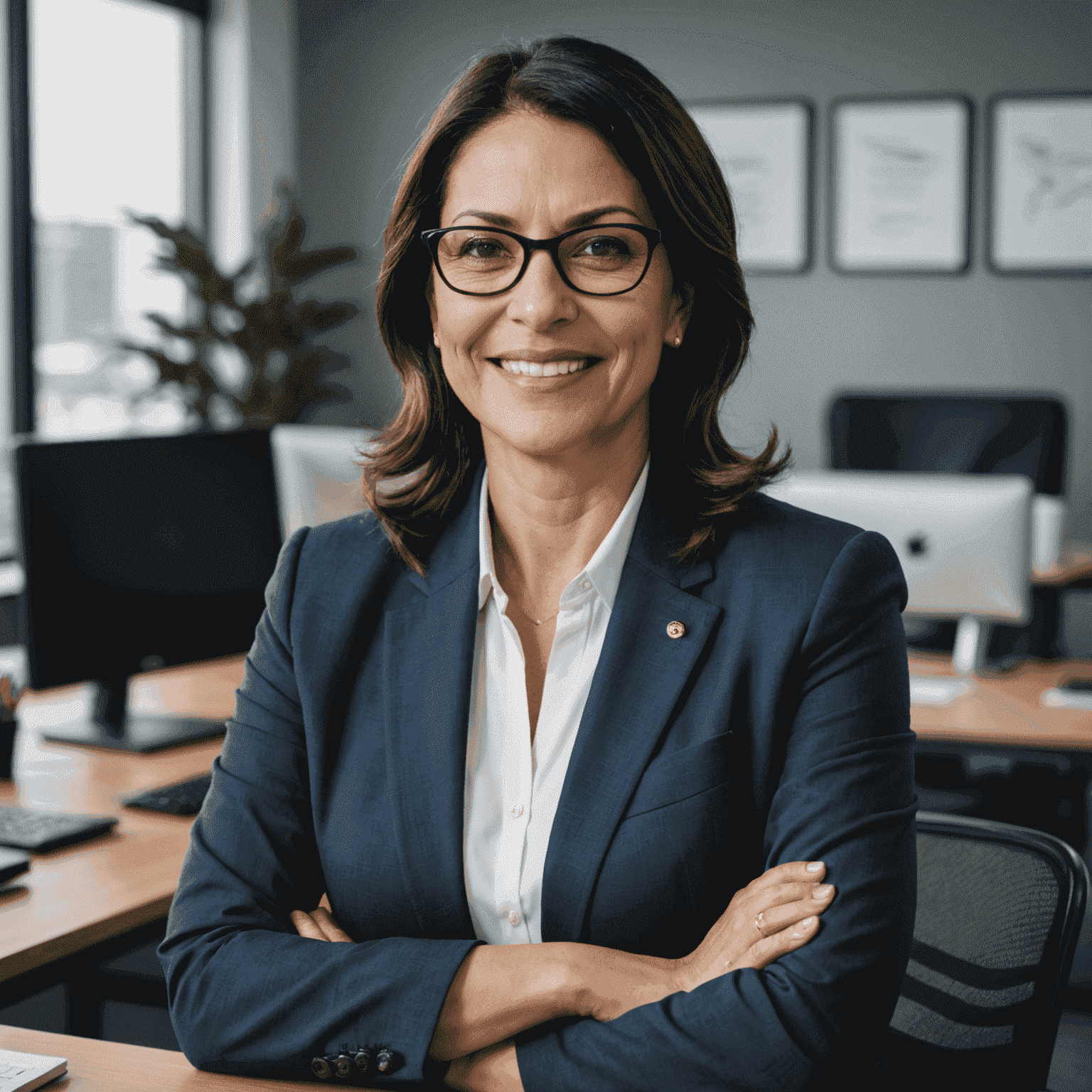 Foto de María Rodríguez, una mujer de mediana edad con cabello oscuro y gafas, vestida con un traje formal, sonriendo a la cámara en un entorno de oficina