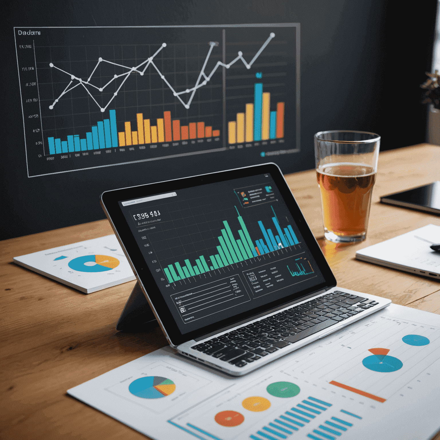 Imagen que muestra un gráfico de barras y líneas representando el análisis de datos, con iconos de dispositivos electrónicos en el fondo