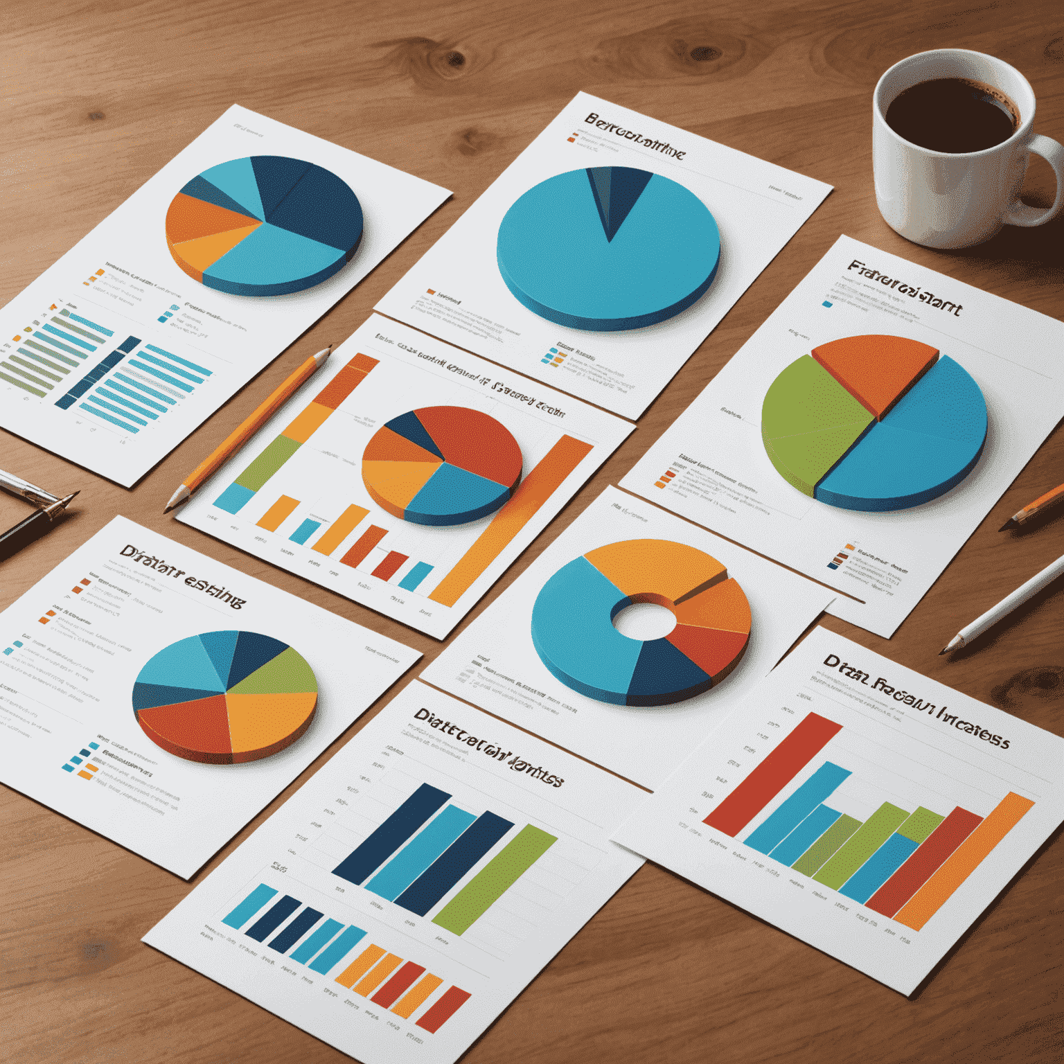 Gráficos y visualizaciones de análisis de datos, incluyendo gráficos de barras, gráficos circulares y líneas de tendencia