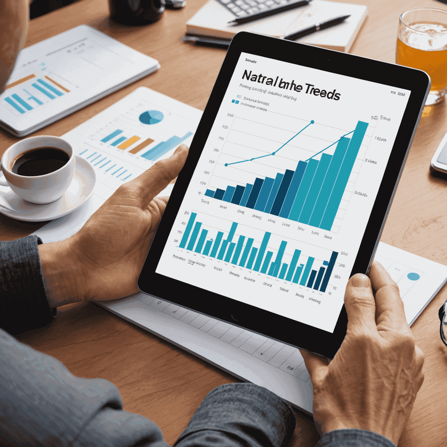 Gráfico de barras y líneas que muestra tendencias de datos, con una persona analizando la información en una tablet