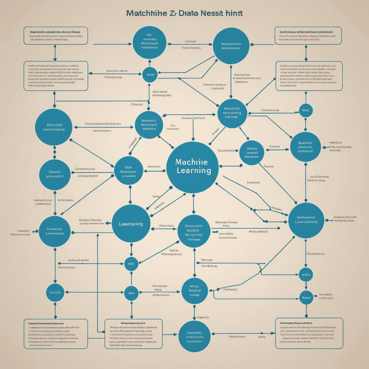 Imagen que muestra un diagrama de flujo de aprendizaje automático con nodos interconectados representando datos, algoritmos y resultados