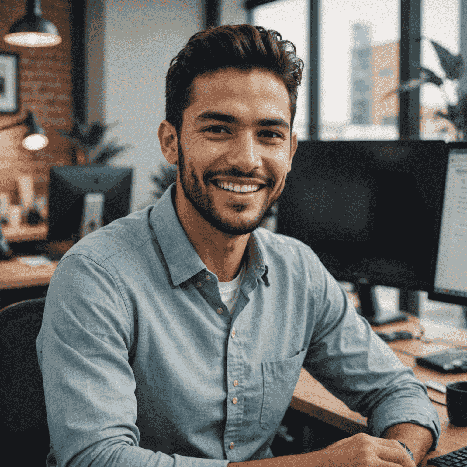 Foto de Carlos Mendoza, un hombre joven con barba corta, vistiendo una camisa de botones, sonriendo mientras está sentado frente a una computadora en un espacio de trabajo moderno