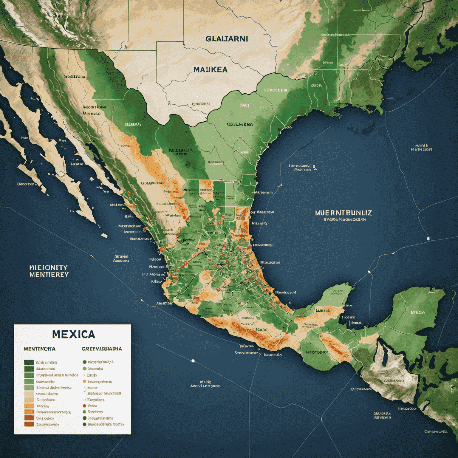 Mapa de México resaltando las principales ciudades con oportunidades en análisis de datos: Ciudad de México, Guadalajara y Monterrey