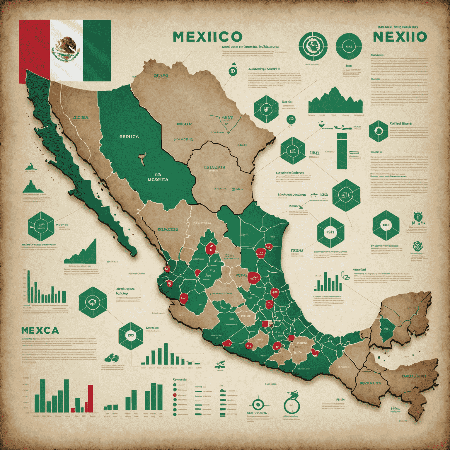 Mapa de México con iconos de datos y gráficos superpuestos, representando el crecimiento del big data en el país